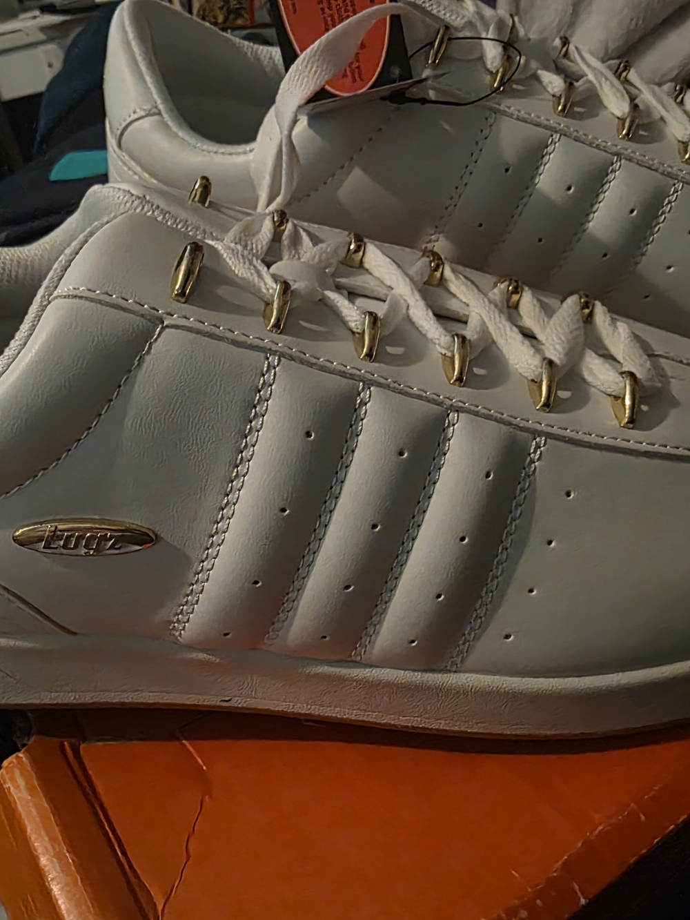 Lugz Men's White Leather Sneakers with Gold Eyelets